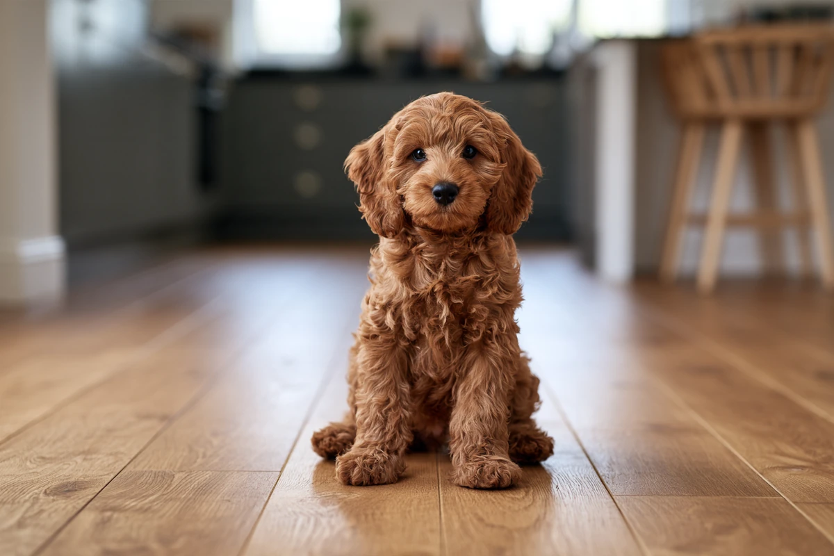 Red cockapoo puppy sitting on a kitchen floor