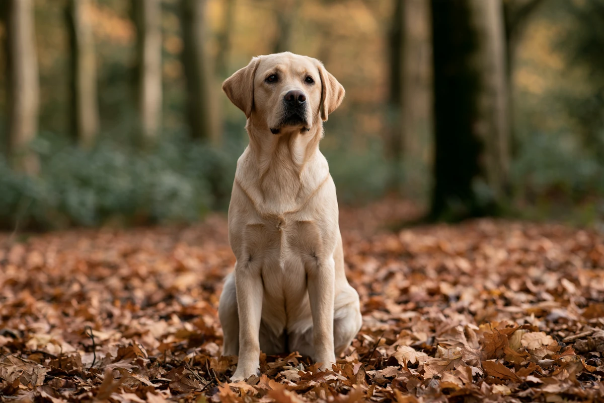 Yellow Labrador retriever sitting in autumn woodland