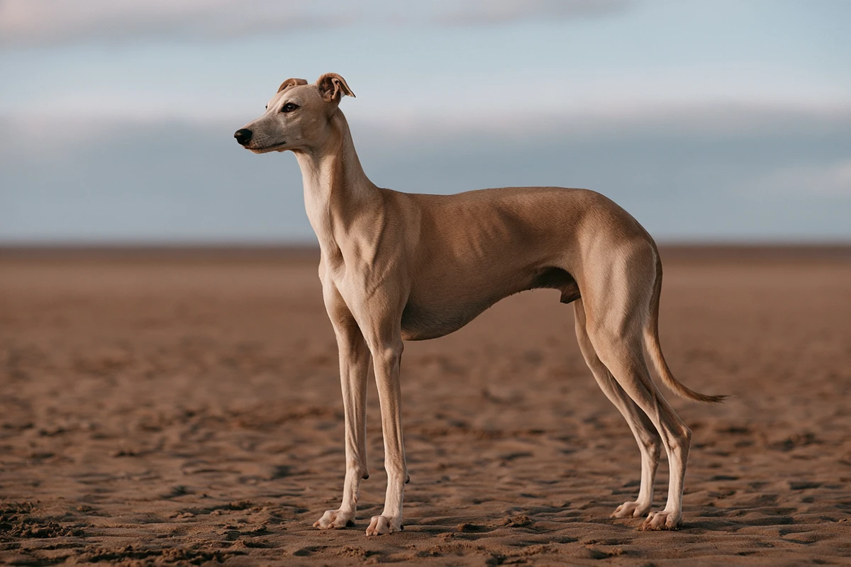 Fawn whippet standing on a sandy beach