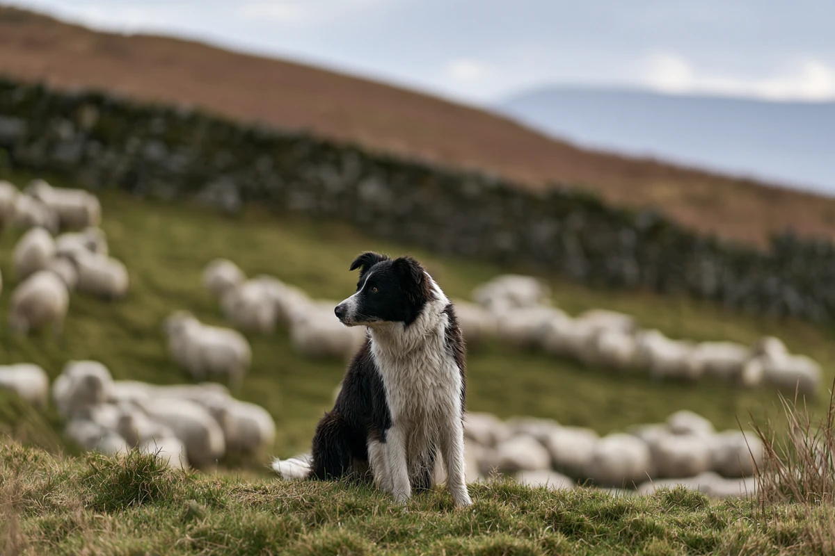 Border collie watching sheep on a hillside