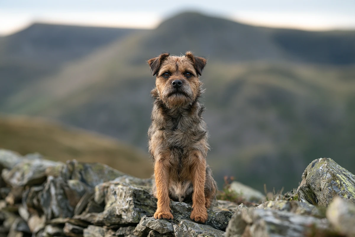 Border terrier standing on rocks in the Lake District fells