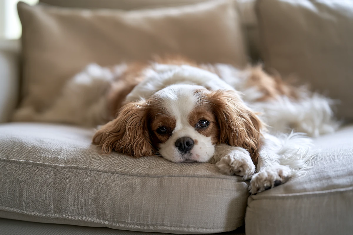Cavalier King Charles spaniel resting on a sofa