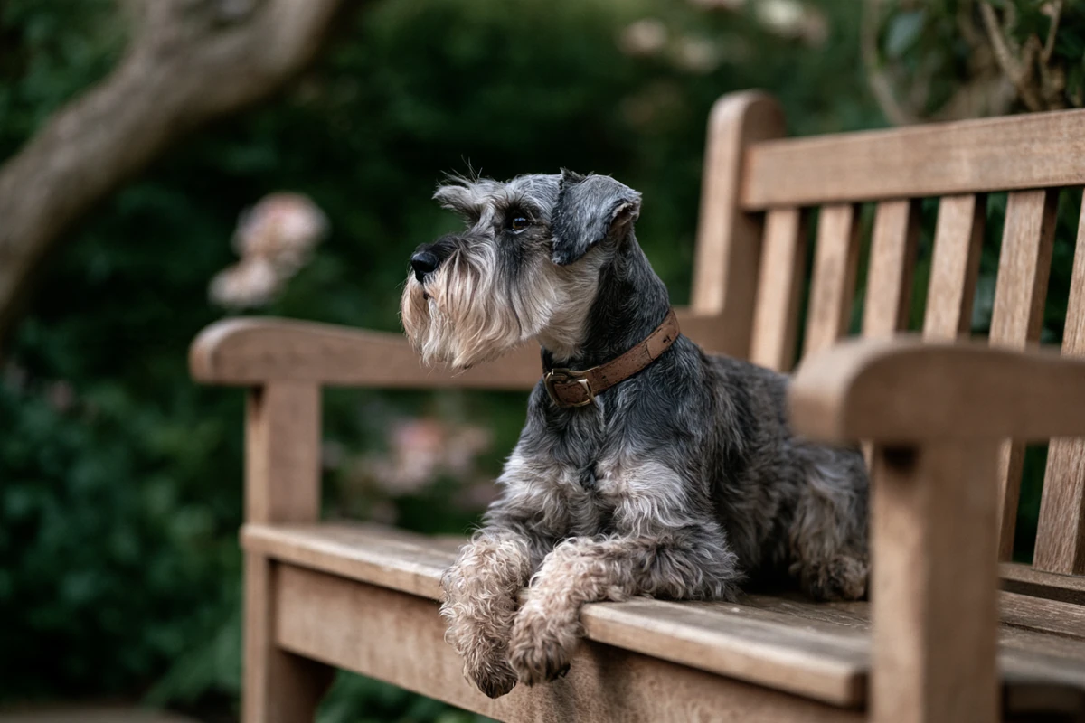 Miniature schnauzer sitting on a garden bench