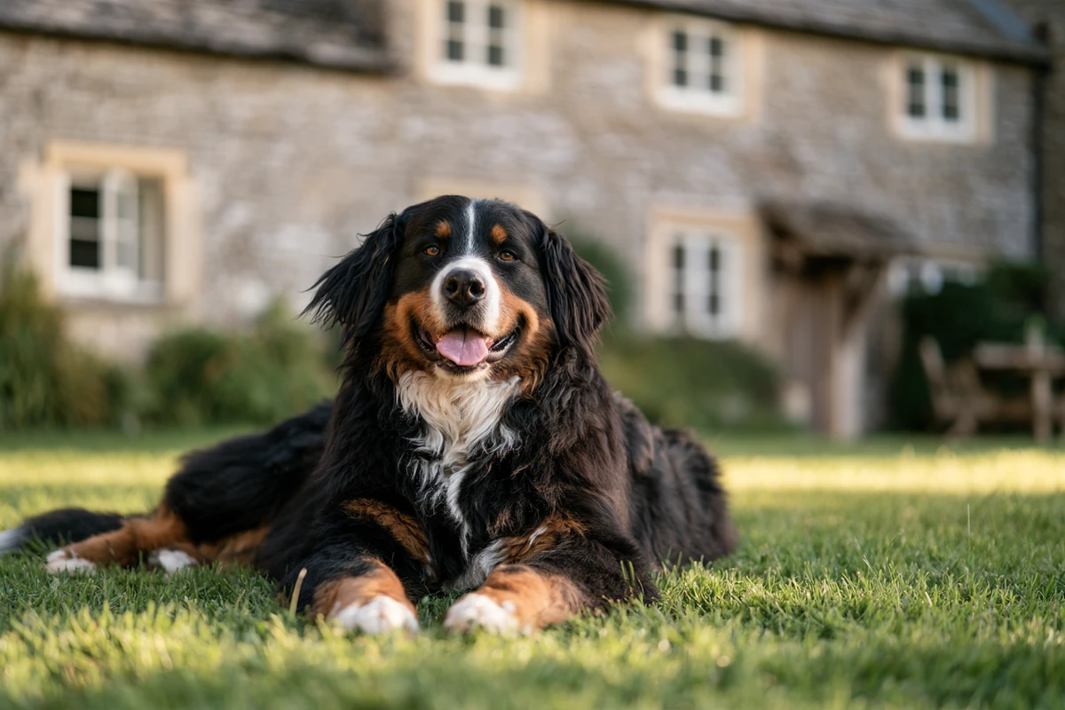 Bernese mountain dog lying on a lawn by a stone cottage