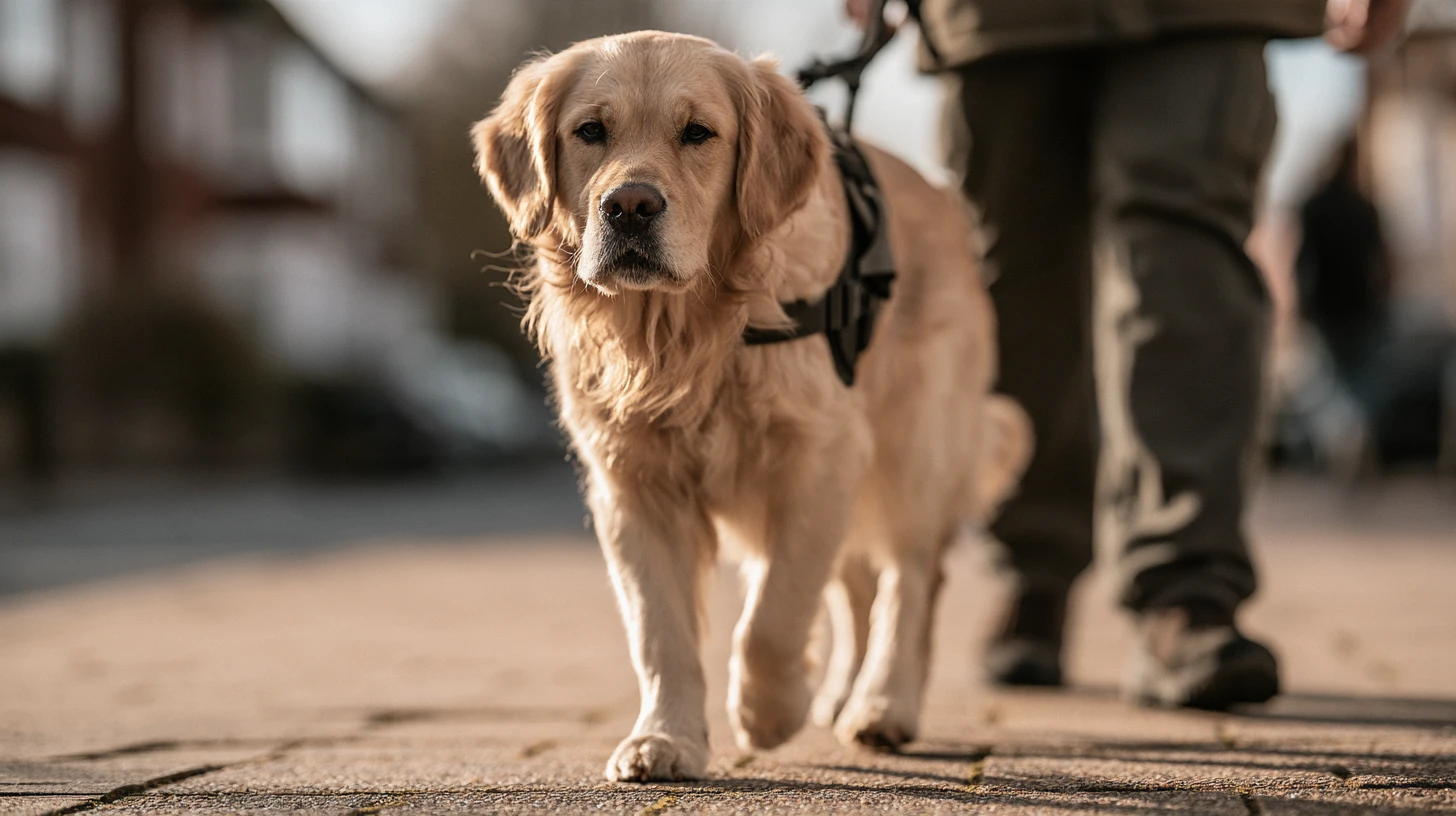 Golden retriever assistance dog in harness walking beside its handler