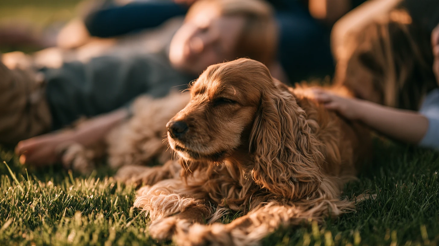 Cocker spaniel lying on the grass with its family