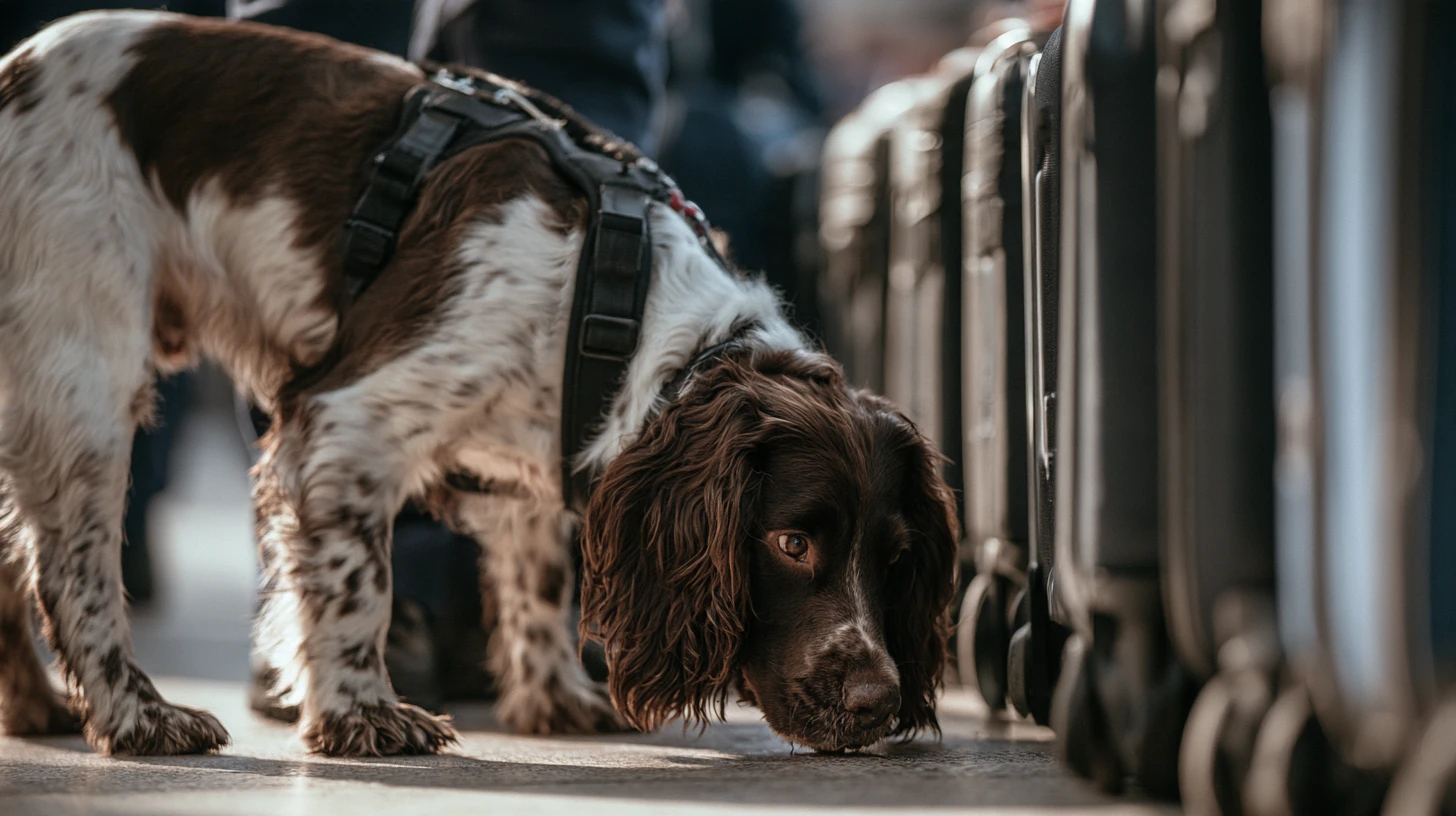 Springer spaniel searching luggage at a station