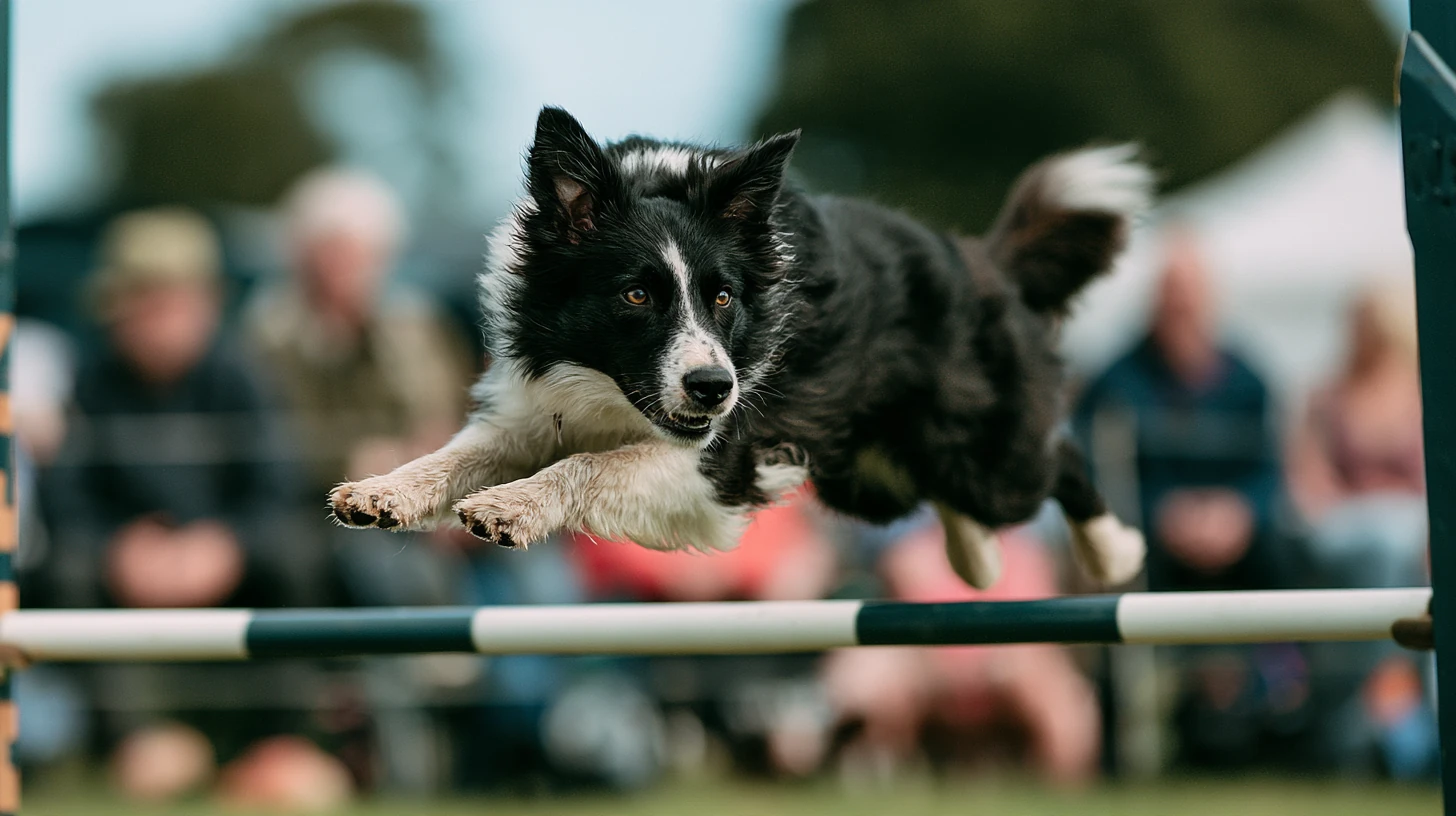 Border collie clearing an agility jump at a show