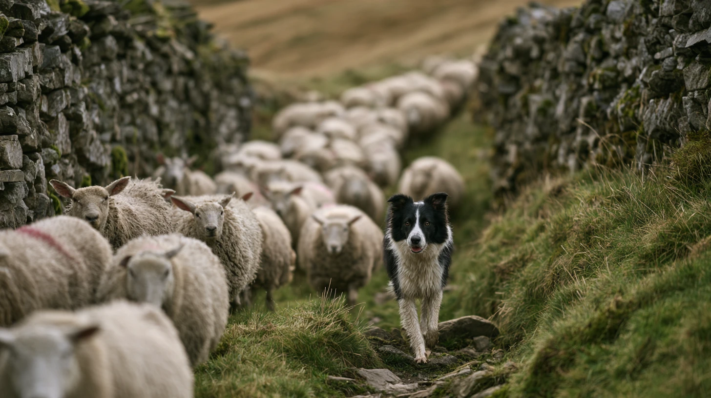 Border collie moving sheep between drystone walls