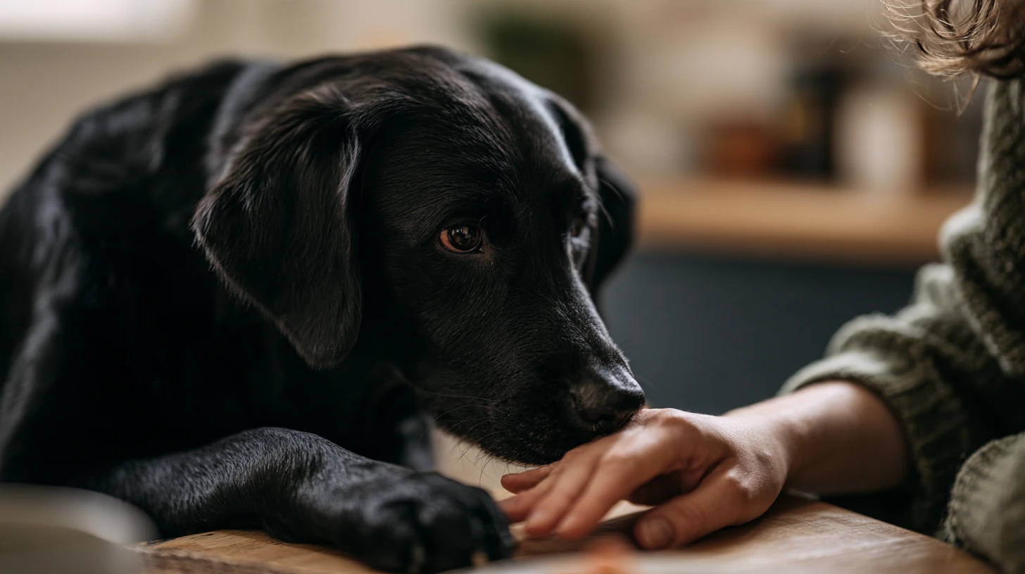Black Labrador medical alert dog nudging its owner's hand