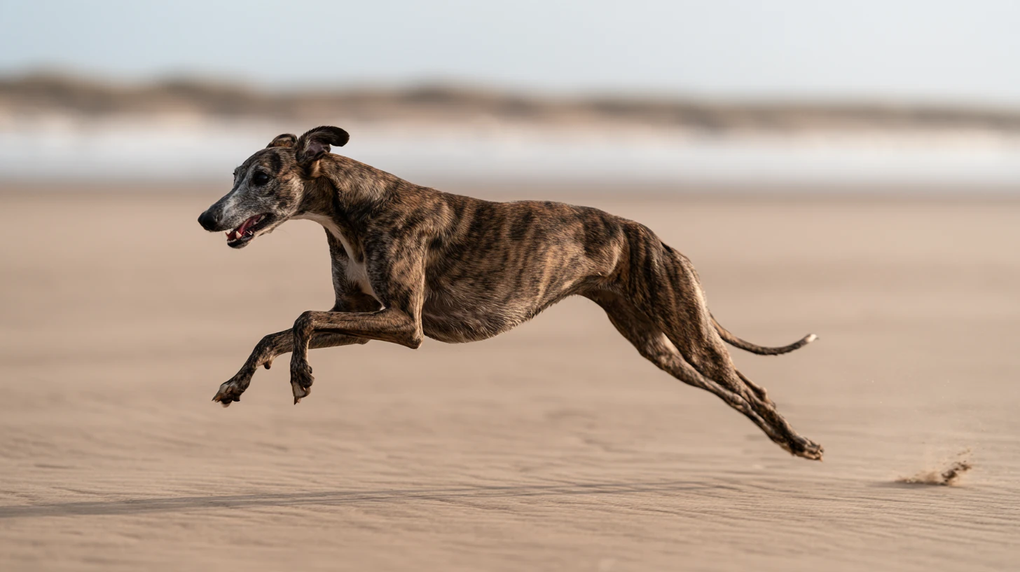 Brindle greyhound galloping along a beach