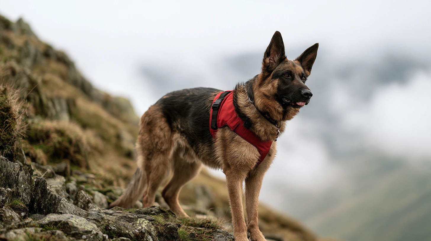 German shepherd search dog in a red harness on a mountain slope