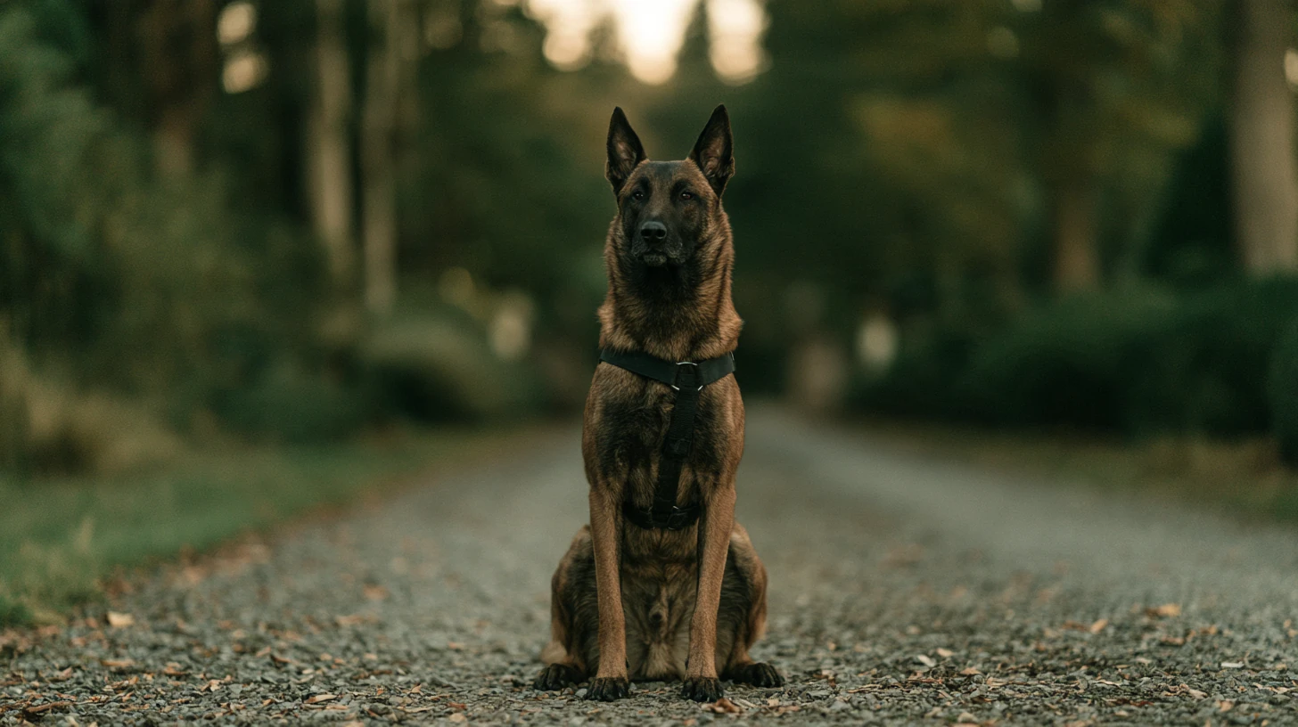 Belgian Malinois sitting on a tree-lined drive