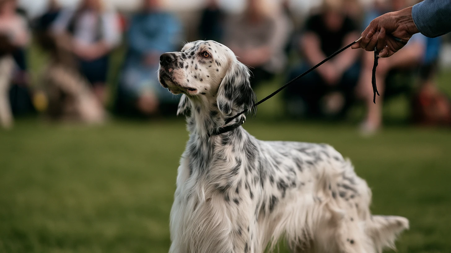 English setter standing in a show ring with its handler