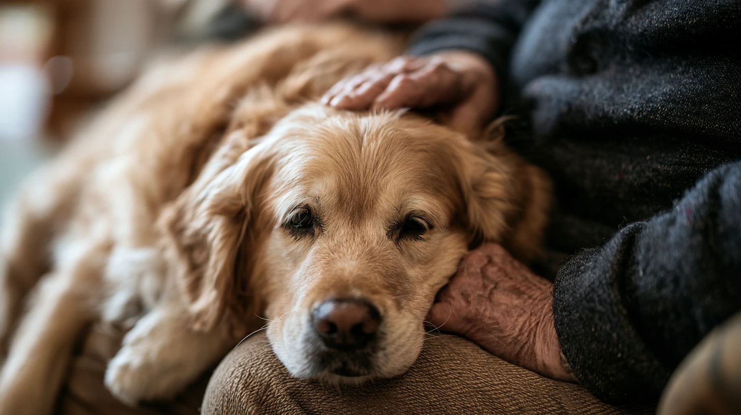Golden retriever resting its head on an elderly person's knee