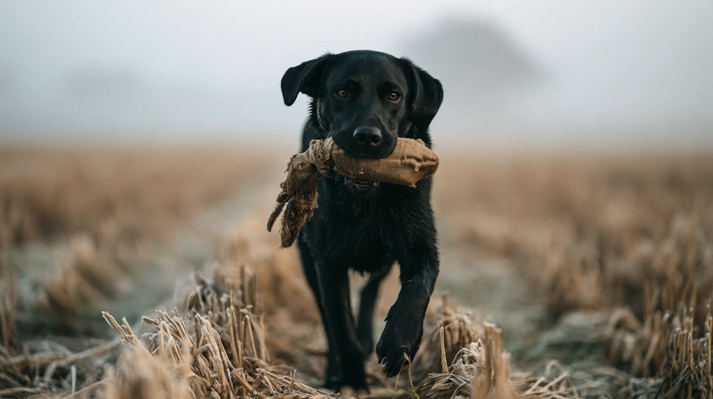 Black Labrador carrying a training dummy across a stubble field