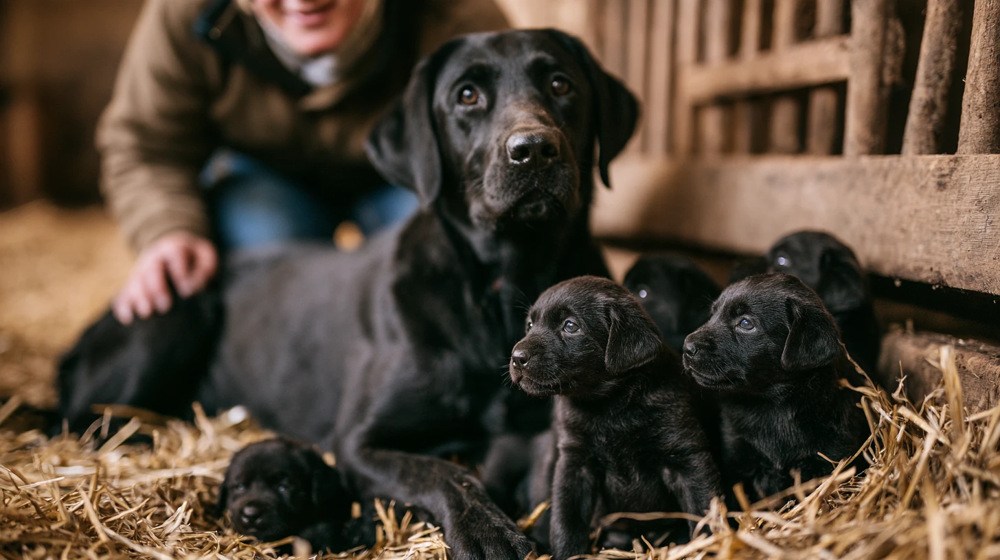 Breeder kneeling beside a Labrador and her puppies in a clean barn